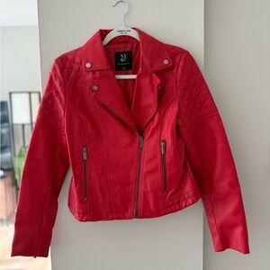 Red Faux Leather Jacket with Zippers
